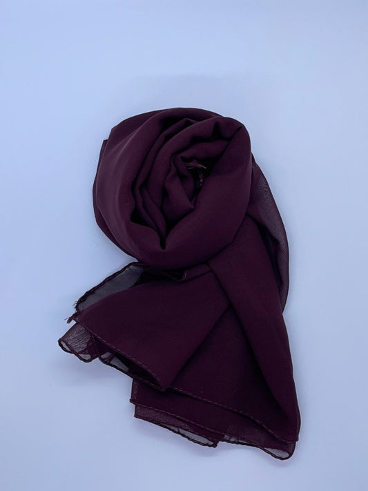 eggplant Essential Chiffon Hijab with a semi-transparent design, secured with stylish pins, ideal for all-day comfort and versatile wear