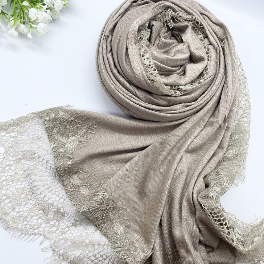 Kuwaiti Cotton Jersey Double Stretch Hijab with Lace- Light khaki
