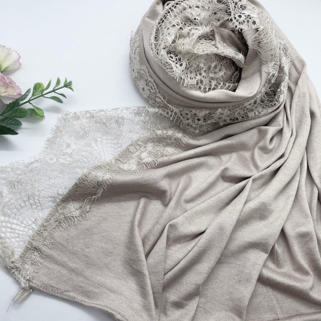 Kuwaiti Cotton Jersey Double Stretch Hijab with Lace- Light Mink