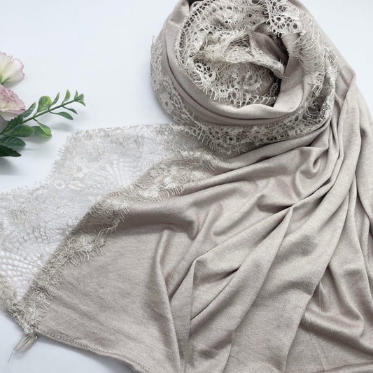 Kuwaiti Cotton Jersey Double Stretch Hijab with Lace- Light Mink