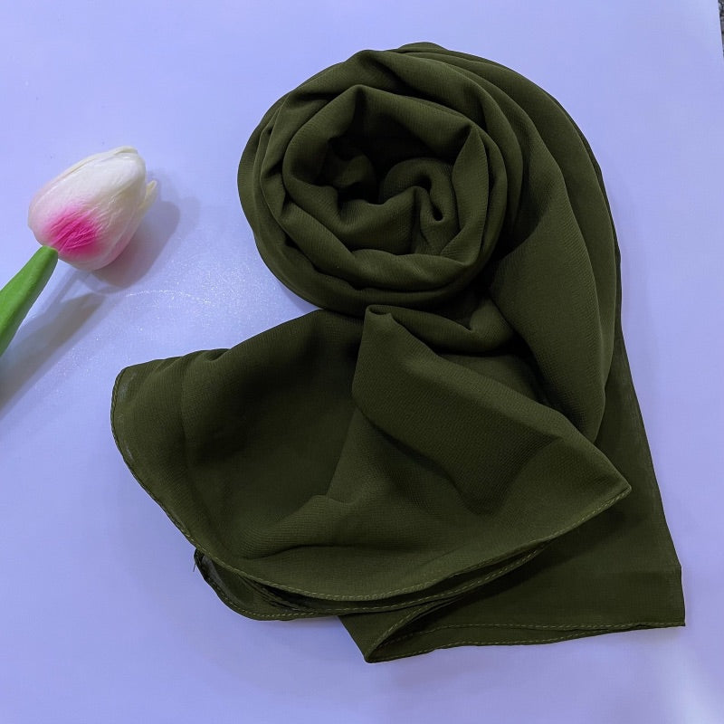 Soft and smooth olive green Premium Non-Slip Chiffon Hijab for Everyday Wear in Elegant Matte Finish